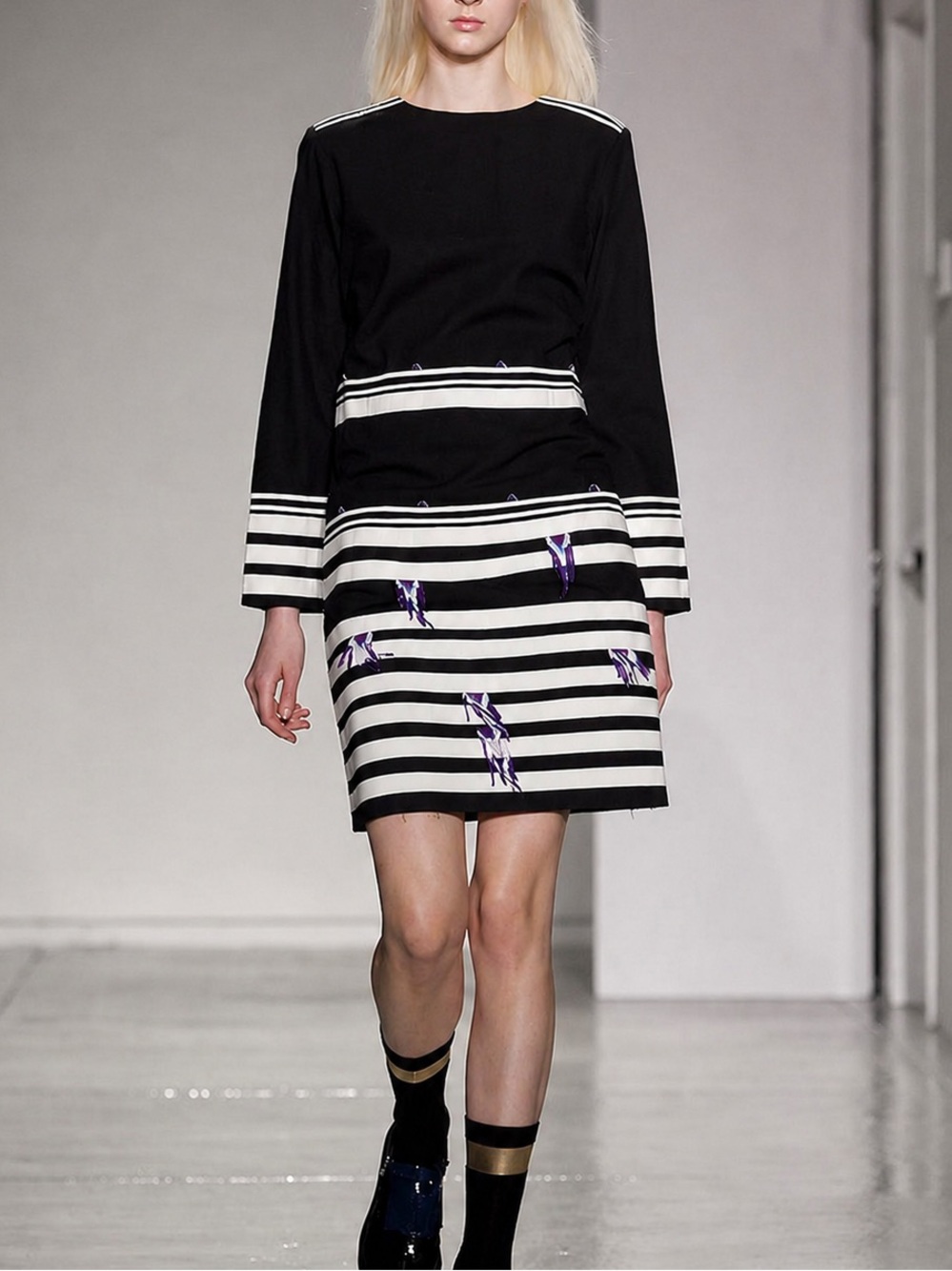SUNO Archival Beaded Fringe Cotton Canvas Structured Striped Shift Dress